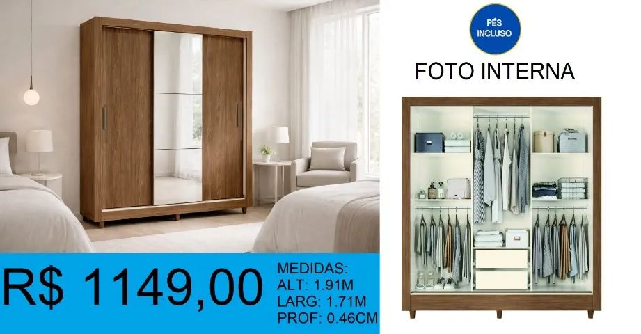 GUARDA ROUPA COM ESPELHO EM ATÉ 10X SEM JUROS 