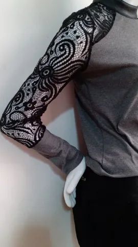Blusa em malha canelada com renda - Foto 3