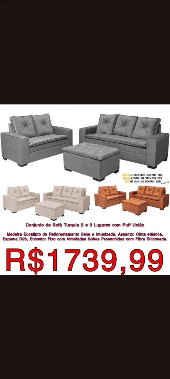 Conjunto de Sofá 2 e 3 Lugares Turquia com Puff