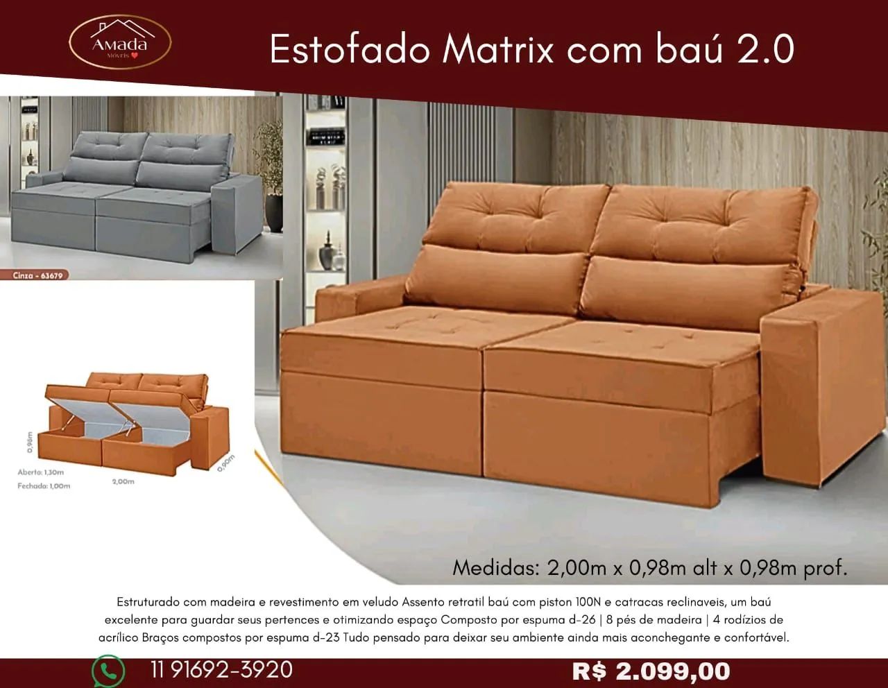 Sofá Retrátil com Baú Matrix 2.0 - entrega em 3 Dias 