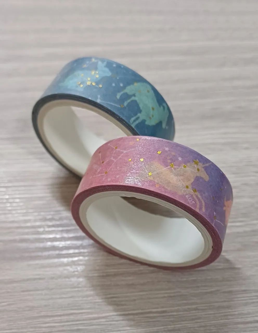 Washi Tape Fita Adesiva Constelação Signos Unicórnio Rosa e Azul detalhes Dourados