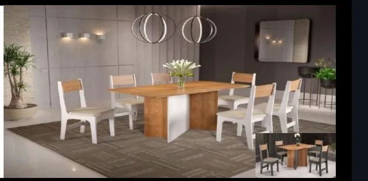 Mesa de jantar com 6 cadeiras branco/mel 