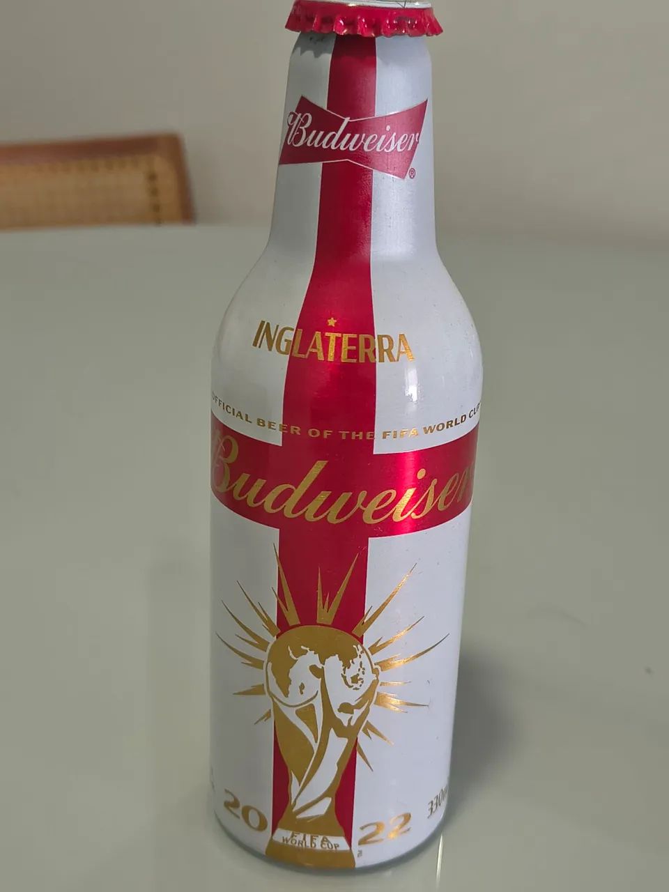Garrafa Budweiser da Inglaterra em alumínio da Copa do Mundo de 2022