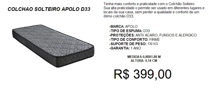 COLCHÃO D33 COM SUPORTE DE ATÉ 130 KG/ PESSOA