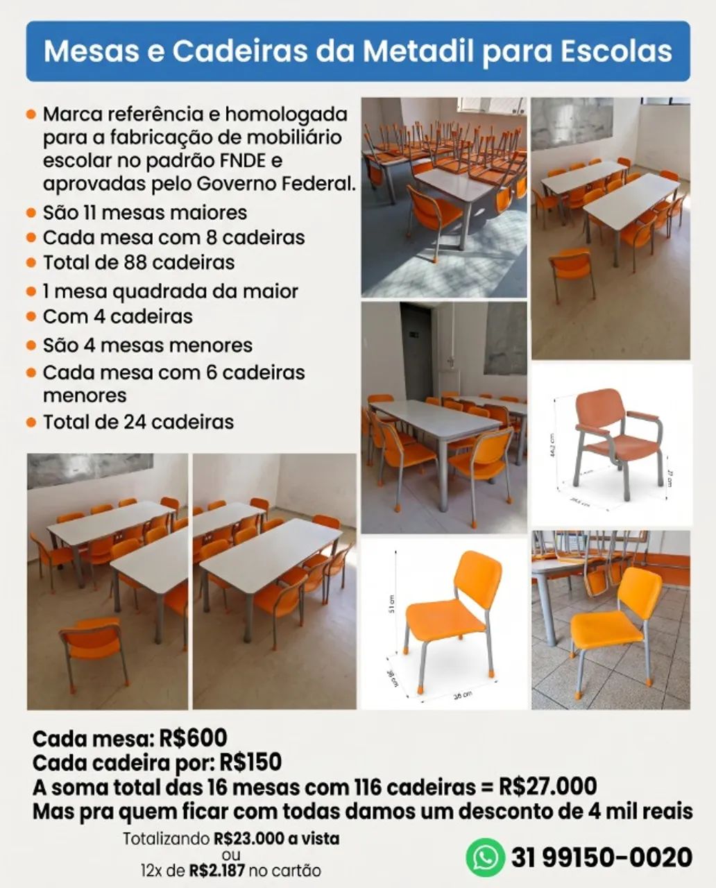 Mesas e Cadeiras da Metadil para Escolas