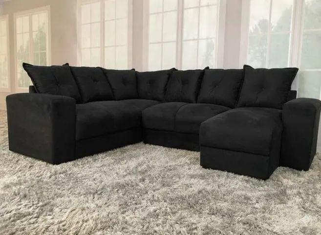 Sofá de Canto Alice com Chaise Suede AL Móveis Preto - Entrega Rápida! 