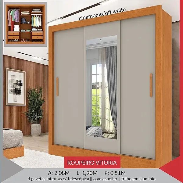 GUARDA ROUPA CASAL 3 PORTAS 1 COM ESPELHO  - Foto 2