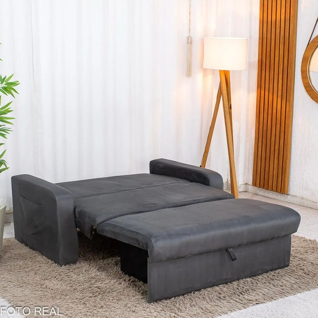Sofá Cama com Baú Veludo Cinza  - Foto 2