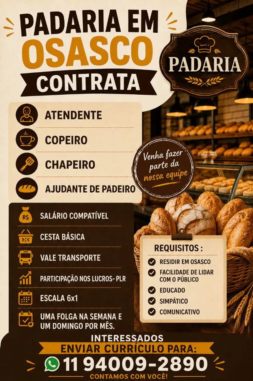 PADARIA EM OSASCO ADMITE