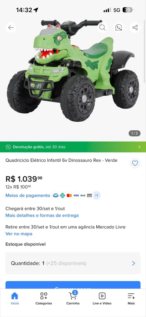 Quadriciclo Elétrico Infantil Dino azul - Foto 2