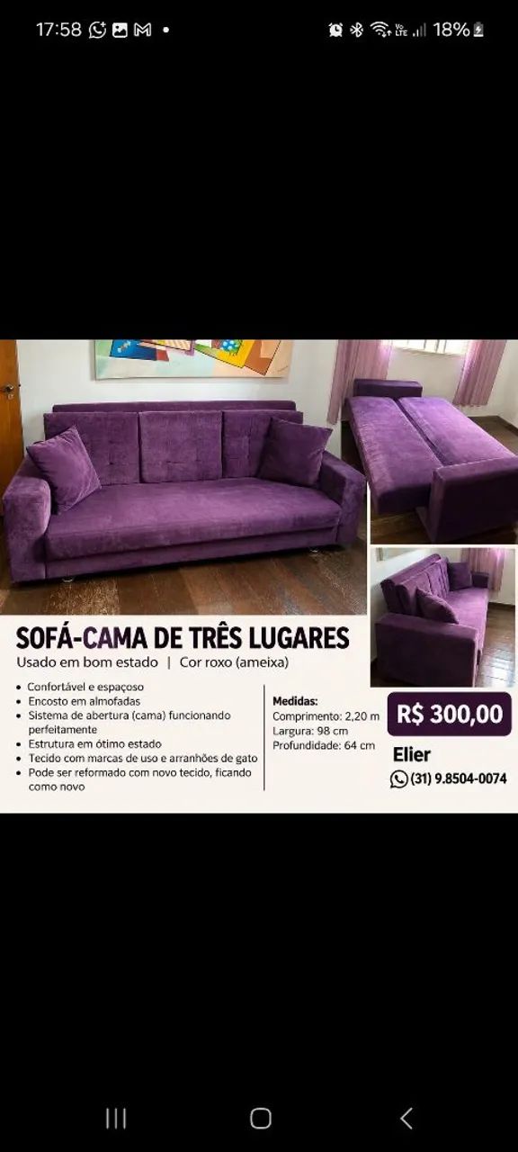 Sofa Cama Retrátil de 3 lugares