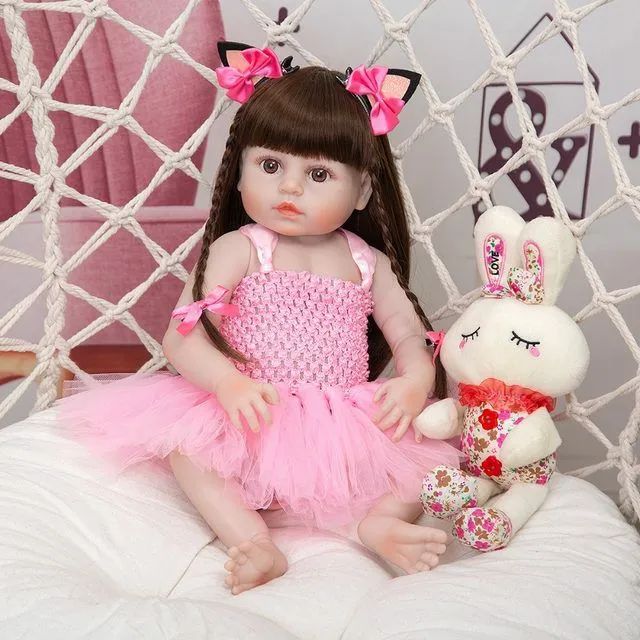 Boneca Bebê Reborn Gatinha De 55cm 100% Silicone Brastoy