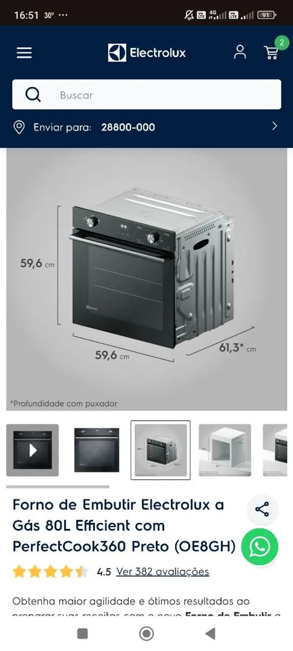 Forno de Embutir Electrolux a Gás 80L Efficient com PerfectCook360 Preto (OE8GH) - Foto 2