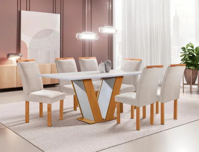 Mesa de Jantar Qatar 6 cadeiras com Tampo Plus 100% MDF + Vidro - Pronta entrega!