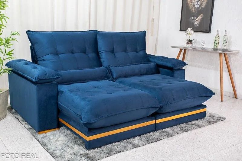 Sofá Retrátil 3 Lugares 230cm Molas Ensacadas D33 Veludo Azul