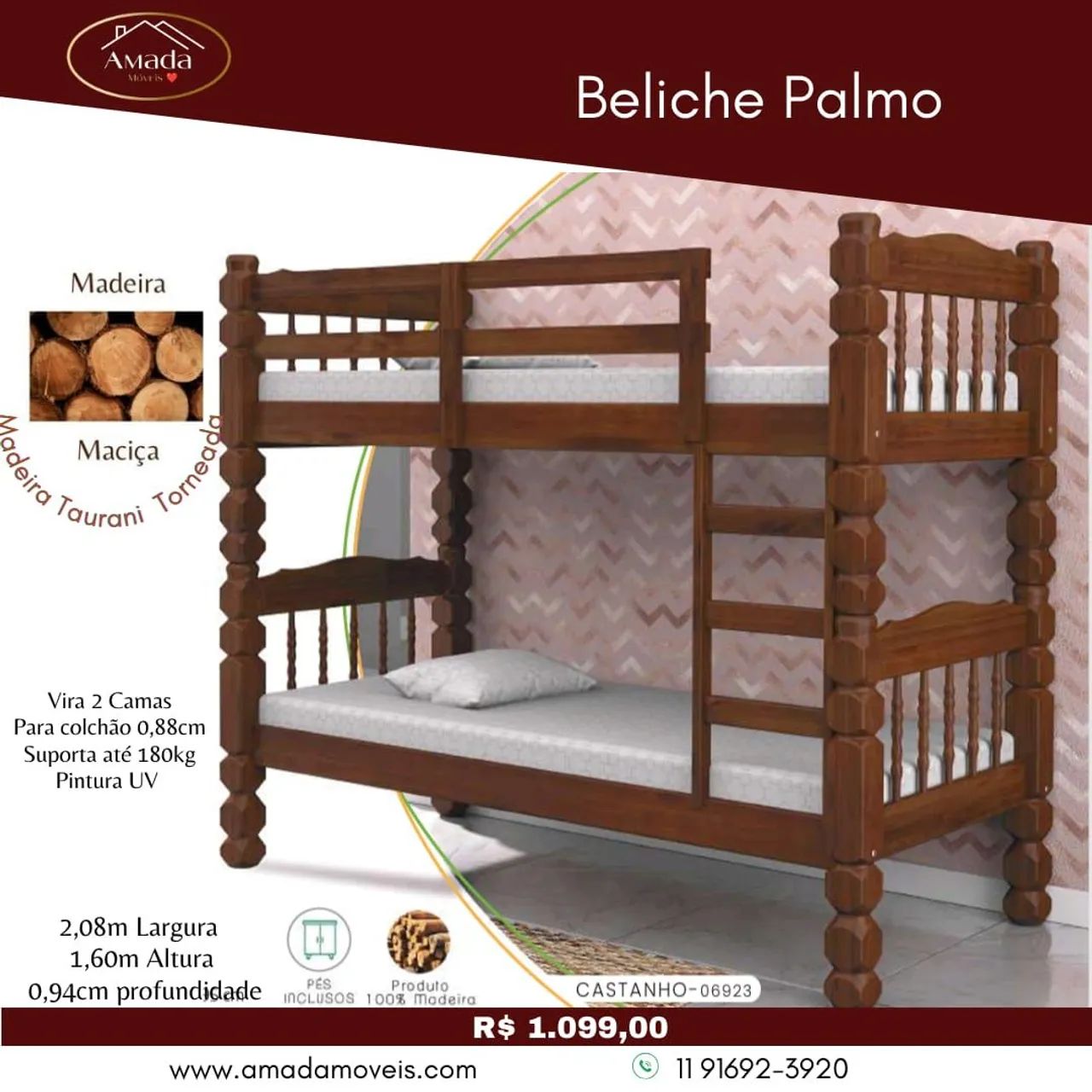 Beliche Palmo - Madeira Maciça Tauarani Torneada - entrega em 3 Dias 