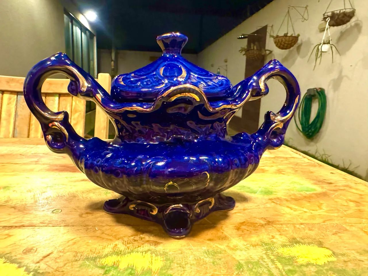 NÃO ENVIO. Peças antigas em azul cobalto, pintadas em ouro. - Foto 4