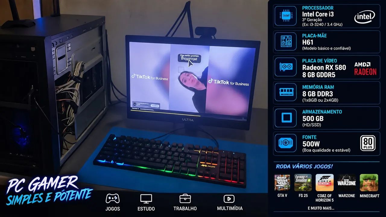 PC Gamer Simples e Potente - Intel Core i3 | RX 580 8GB | 8GB RAM - Foto 2