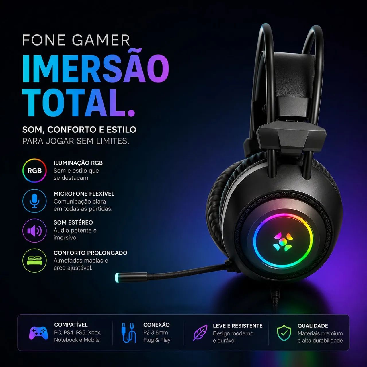 Fone Gamer Fortrek RGB com Microfone