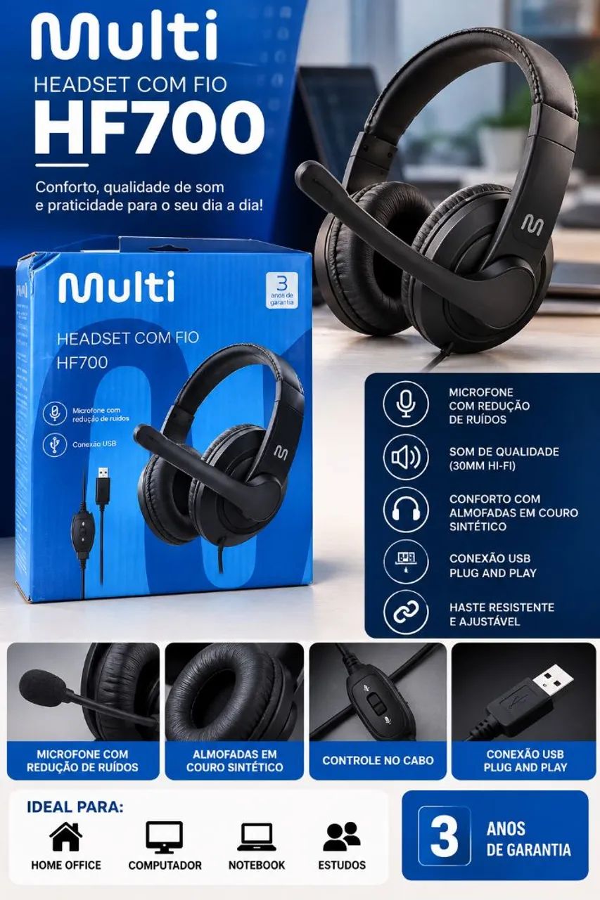 Headset Multi HF700 USB com Microfone e Controle no Cabo
