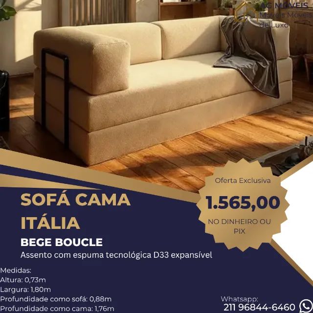 Sofá Cama Itália na Caixa Com Espuma D33 Expansiva - Bege Boucle - Foto 3