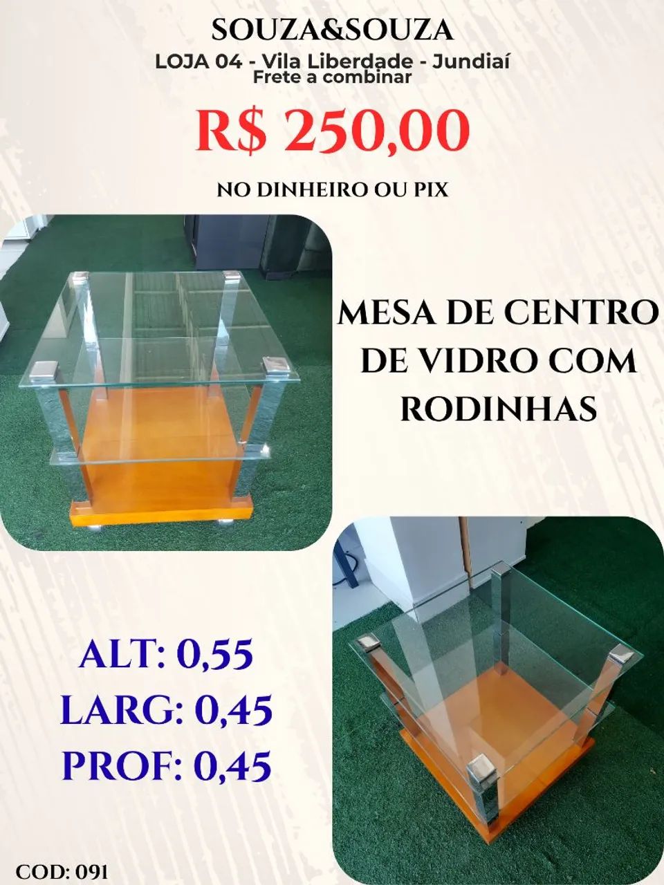 Mesa de centro de vidro com rodinhas