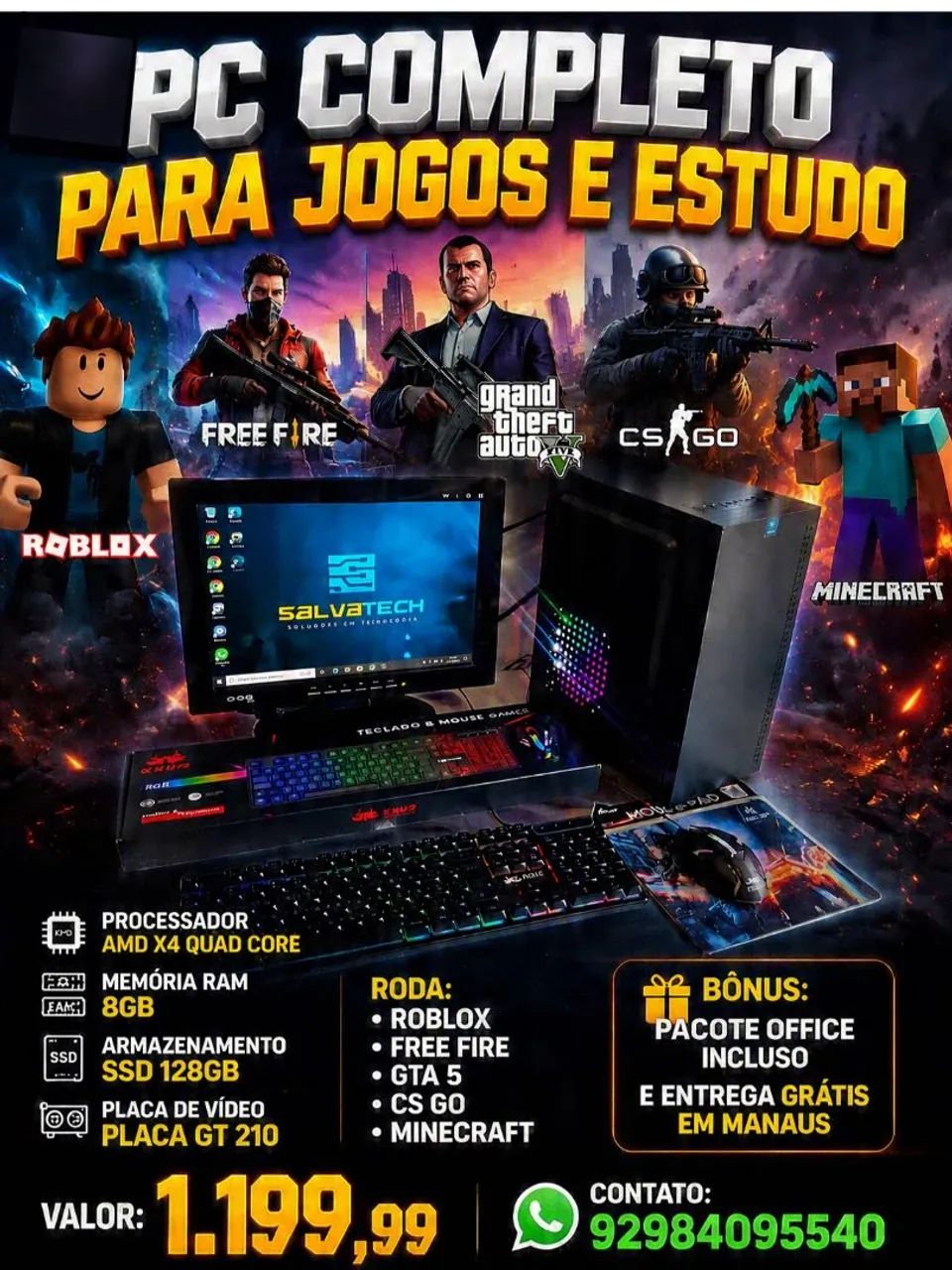 LINDO COMPUTADOR COMPLETO PARA JOGOS E ESTUDOS 