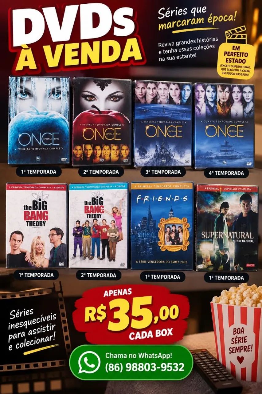 Box de DVD das séries supernatural, friend, the big bang e