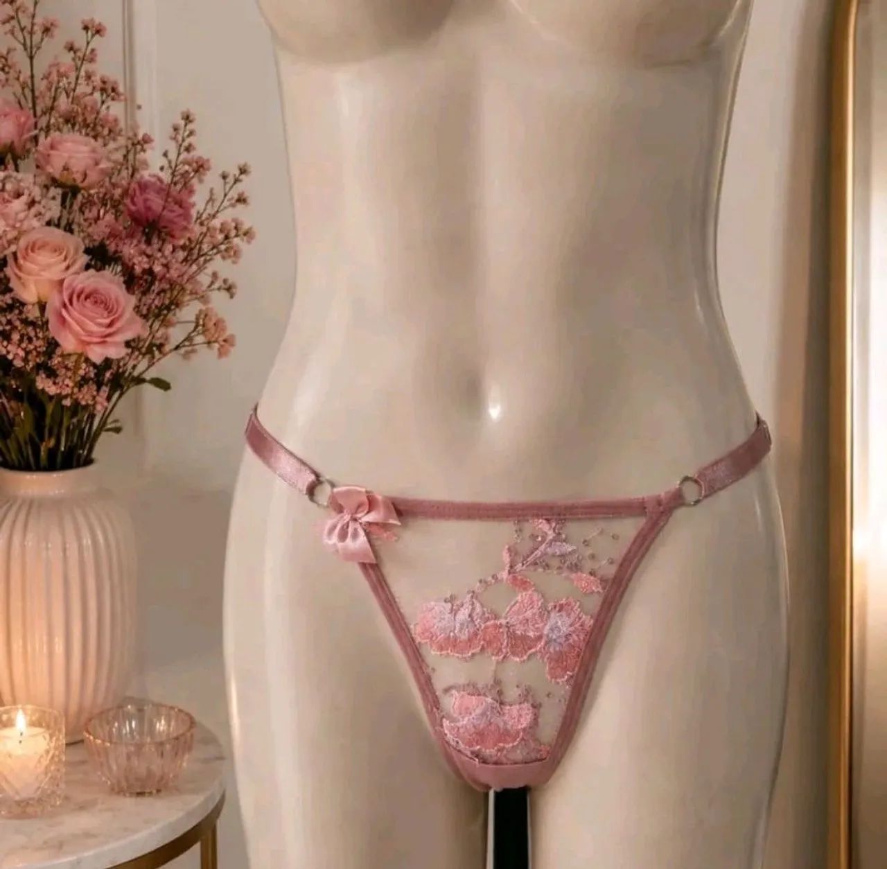 Conjunto Lingerie Rosa com Bordado Floral  - Foto 3