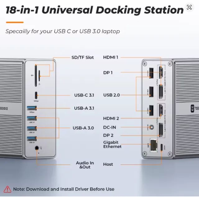 TOBENONE-UDS030 DisplayLink Docking Station, 18 em 1
