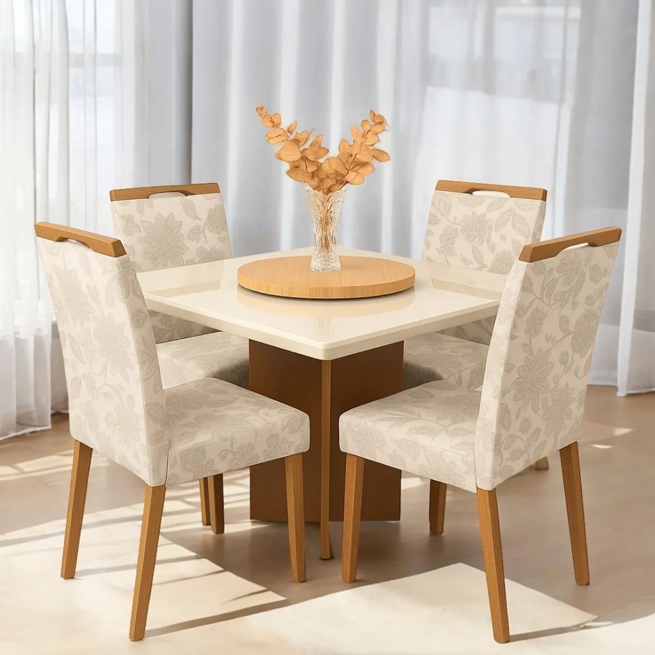 Mesa de Jantar 120 Cinamomo/Off White com 4 Cadeiras Prisma tt76