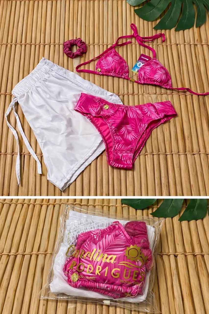 Conjunto Biquíni Rosa P com short e xuxinha.