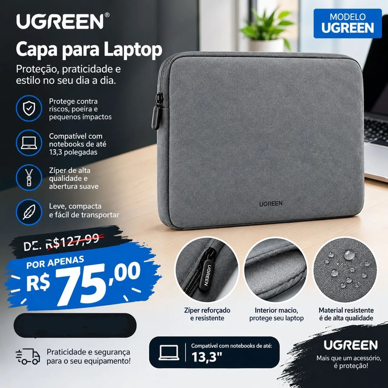 UGREEN CAPA PARA LAPTOP, até 13,9 polegadas - CINZA