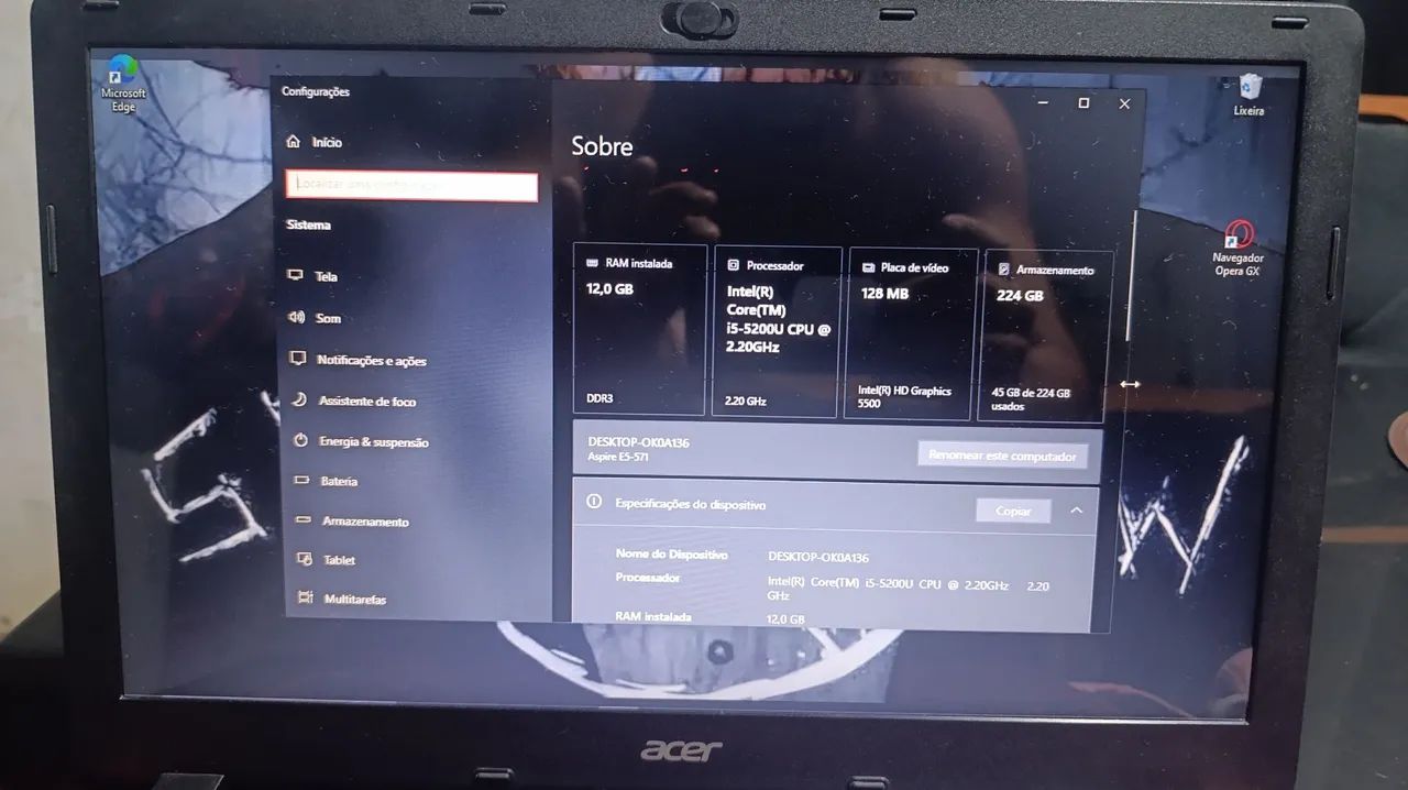 Notebook Acer aspire i5, SSD, 12 gb RAW 