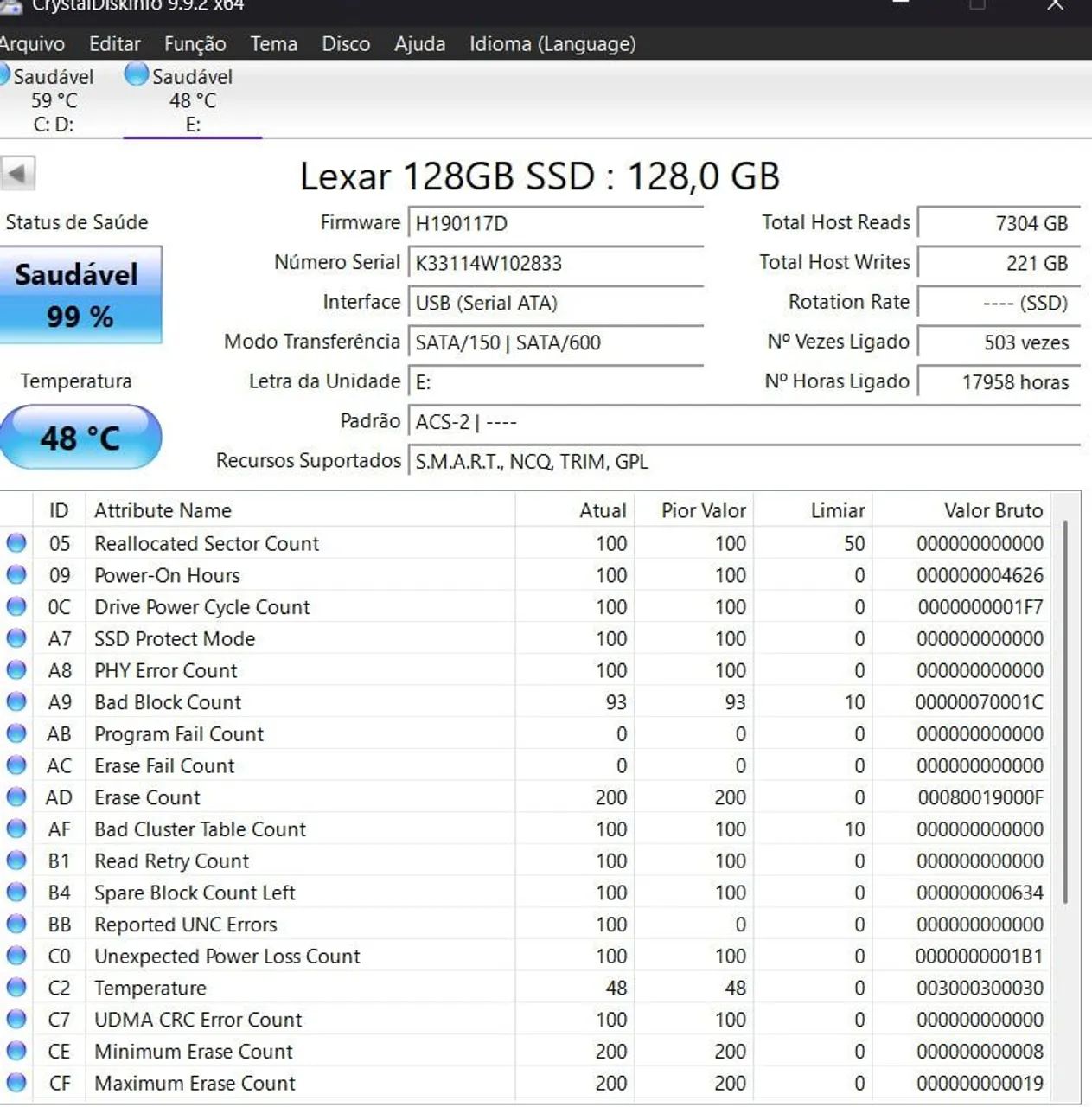SSD 128gb lexar funcionando perfeitamente 