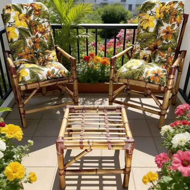 KIT 2 CADEIRAS BAMBU COM ALMOFADAS FUTON E MESA DE CENTRO.