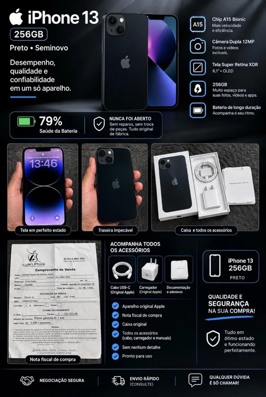 iPhone 13 256gb preto 