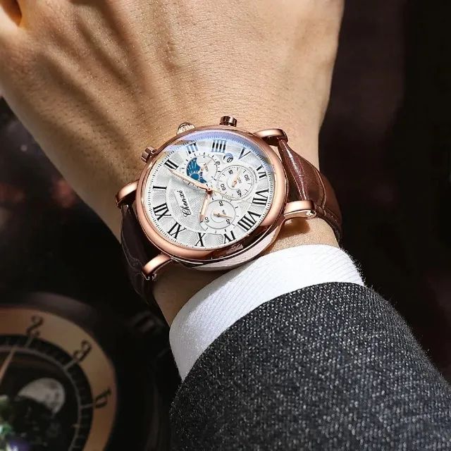 Relógio Masculino Chenxi 973 Cronógrafo Couro Marrom Rose Gold - Foto 2