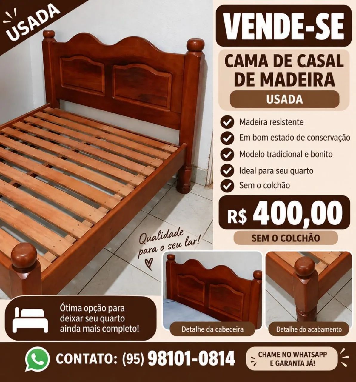 Cama de Casal de Madeira Usada - Bom Estado