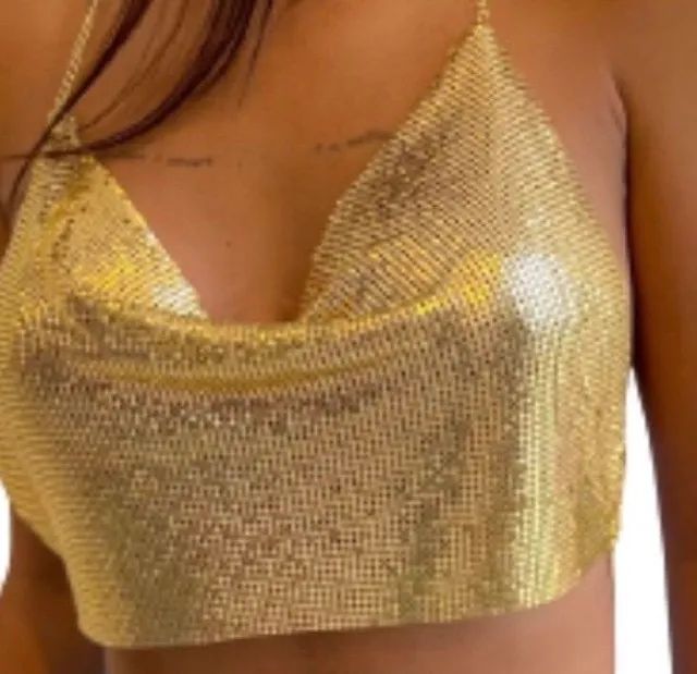 Top croopedd dourado com alça de corrente 