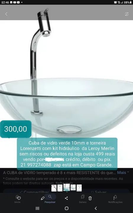 Cuba de Vidro Verde 10mm Lorenzetti