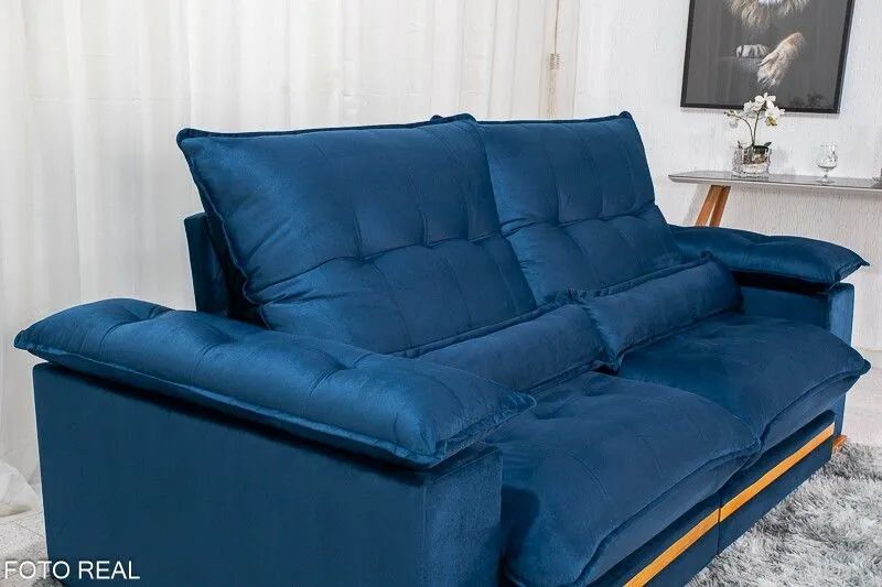 Sofá Retrátil 3 Lugares 230cm Molas Ensacadas D33 Veludo Azul - Foto 2