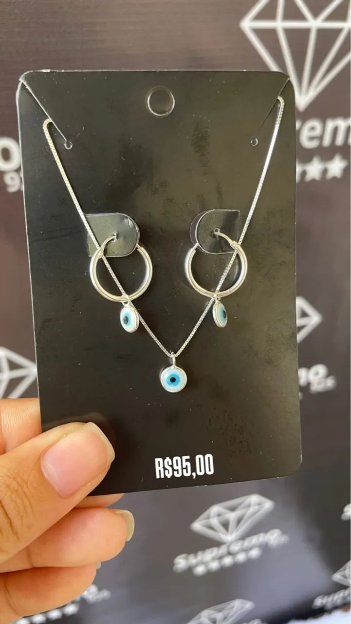 Conjunto de colar e brincos com olho grego em Prata 925 Acompanha certificado de garantia 