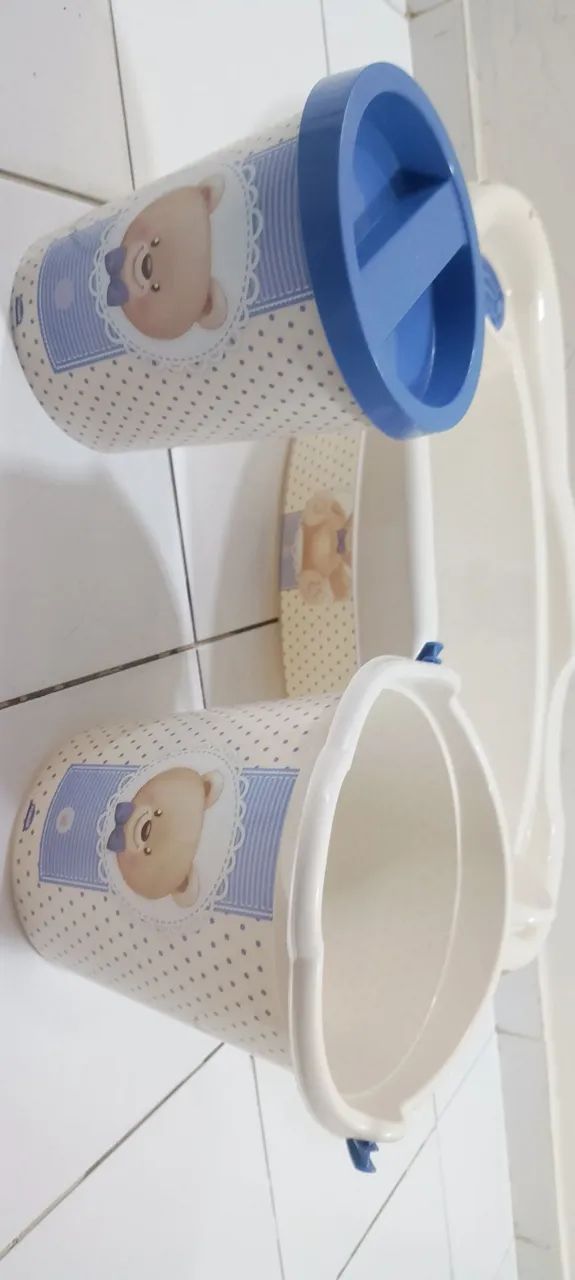 Kit Banho Bebê Urso - Banheira, Balde e Pote