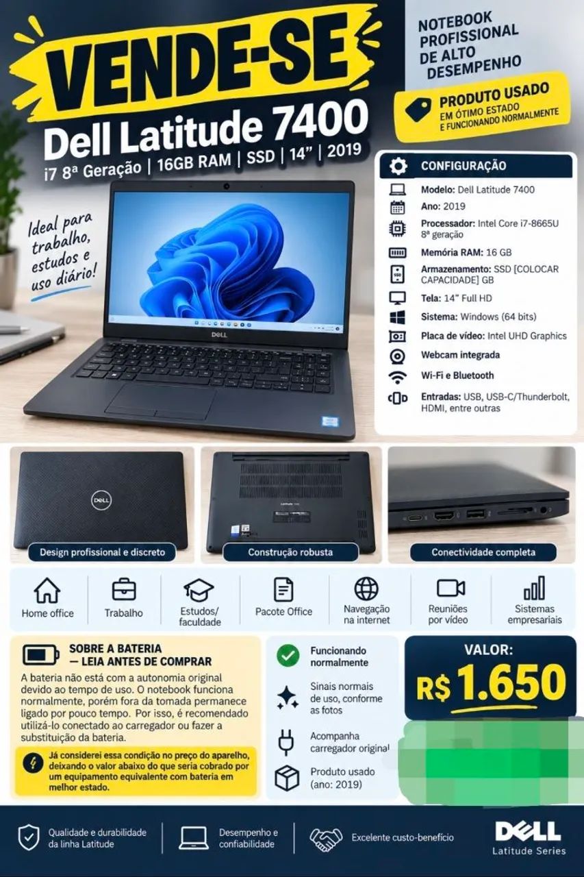 NOTEBOOK DELL LATITUDE 7400 8a Geração 
