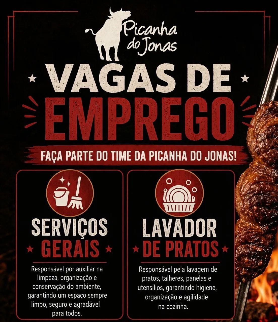 Vagas para Serviços Gerais e Lavador de Pratos