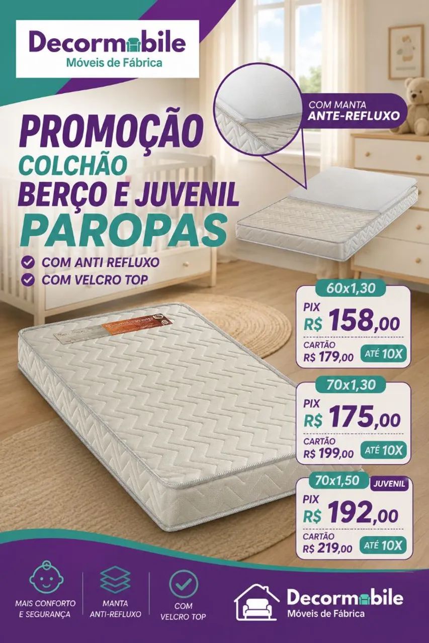 Colchão berço paropas com anti refluxo 60,70 e juvenil 