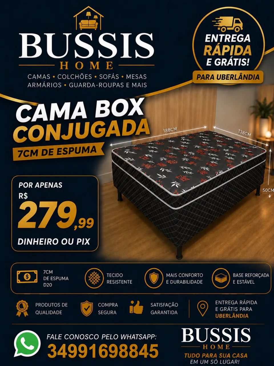 CAMA BOX CASAL CONJUGADA 7CM DE ESPUMA