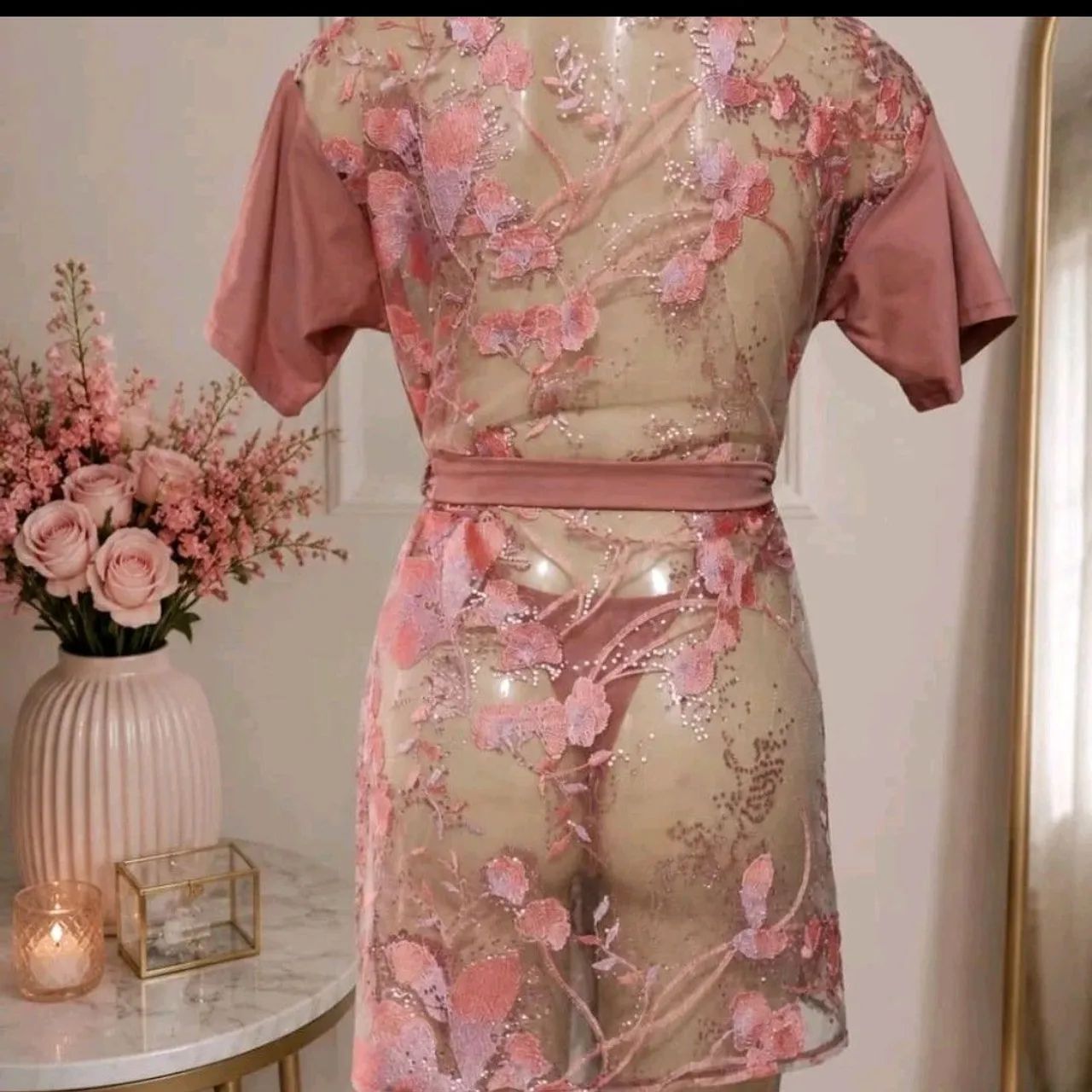 Conjunto Lingerie Rosa com Bordado Floral  - Foto 2