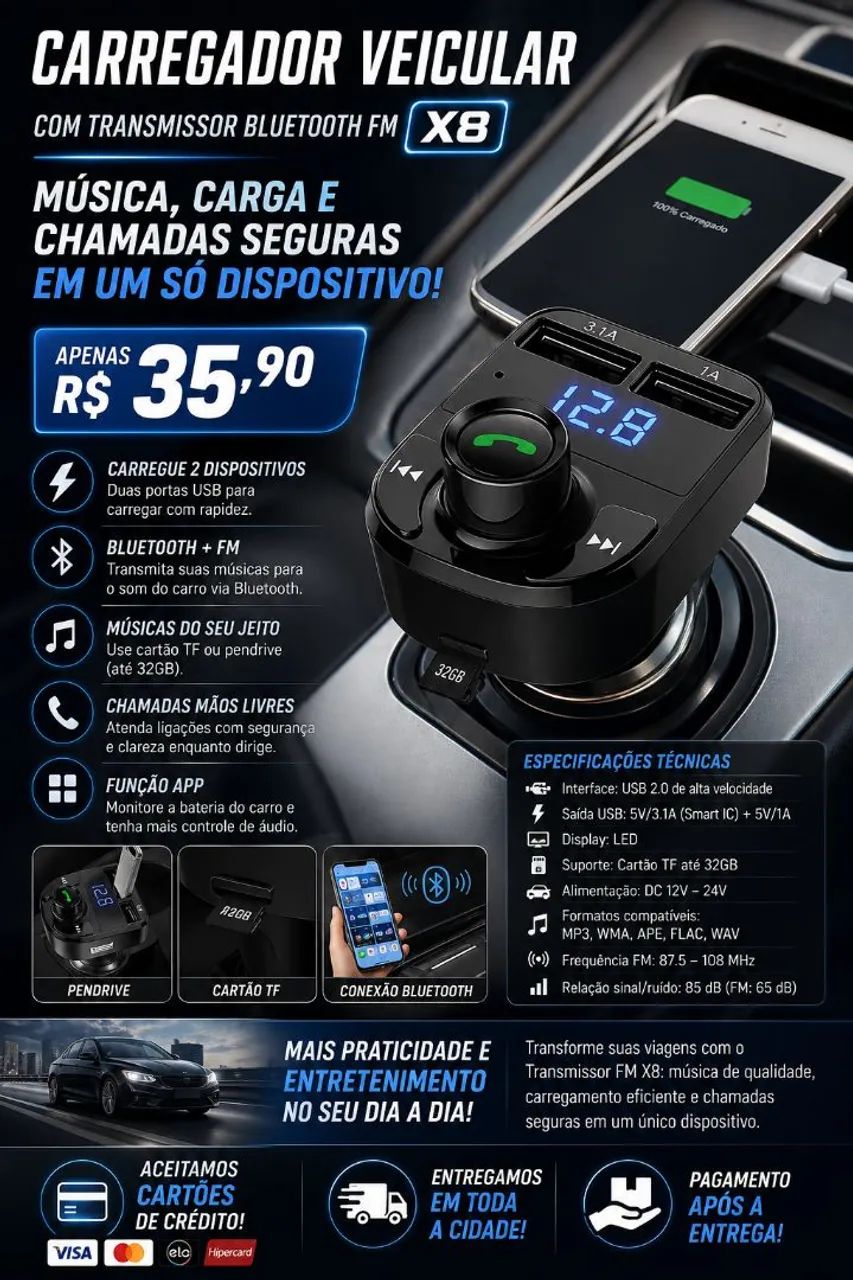 CARREGADOR VEICULAR COM TRANSMISSOR BLUETOOTH FM